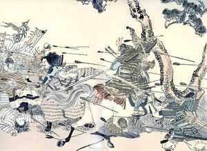 Hishikawa Moronobu — Two Mounted Warriors and Seven Foot Soldiers Rush to Battle