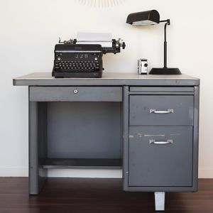Mid-Century Steel Tanker Desk with Vintage Typewriter