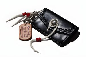 Goro's Black Leather Key Case with Coral Beads and Cord