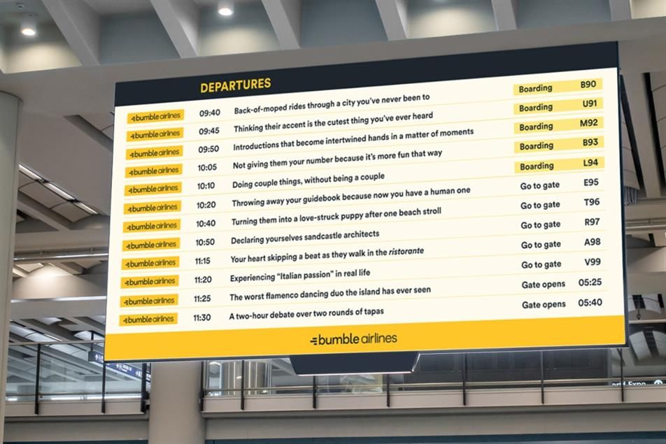 Bumble becomes 'Bumble Airlines' for a day to promote summer love plus...6 more clever airport-inspired media campaigns.
