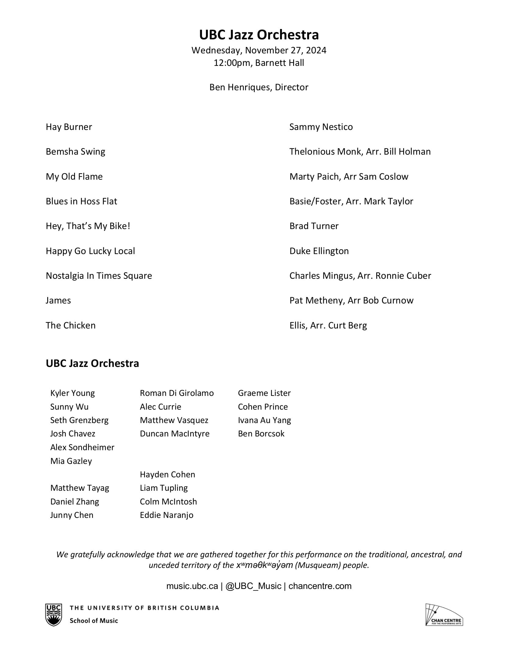 UBC Jazz Orchestra programme, Nov. 27, 2024