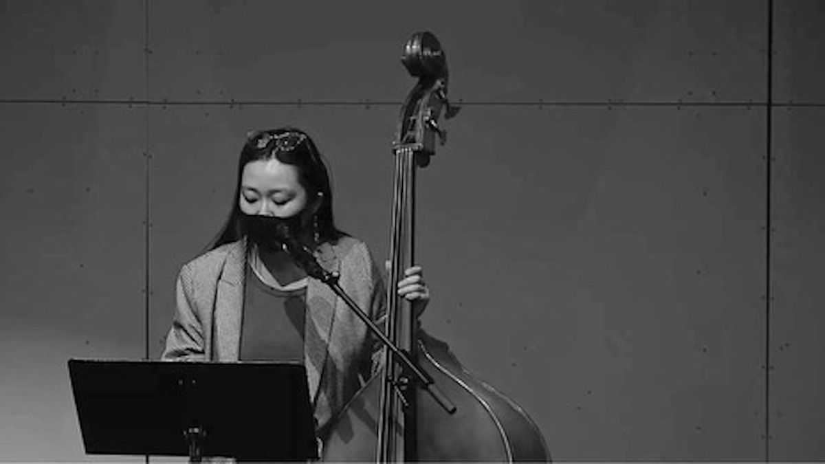 Jennifer Kim on upright bass at the BlueShore Financial Centre for the Performing Arts in North Vancouver, April 2021