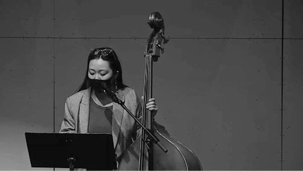 Jennifer Kim on upright bass at the BlueShore Financial Centre for the Performing Arts in North Vancouver, April 2021