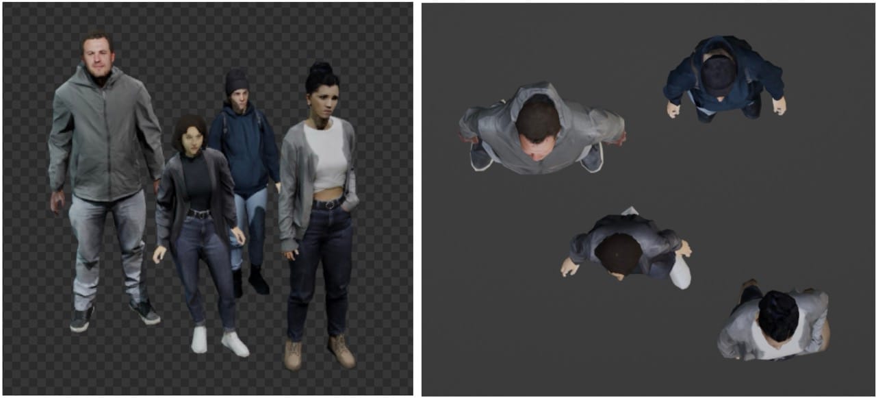 The scene we want to capture, a typical situation in crowded environments. The right part of the image shows a top-view version to better depict the position of each person