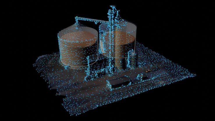 3D LiDAR point cloud scan of industrial storage tanks, showcasing Outsight’s capabilities in spatial inventory management.