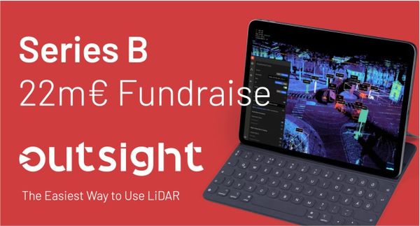 Outsight announces €22 million Series B fundraise to scale its LiDAR software solutions, with a visual of real-time 3D spatial analysis on a tablet screen.