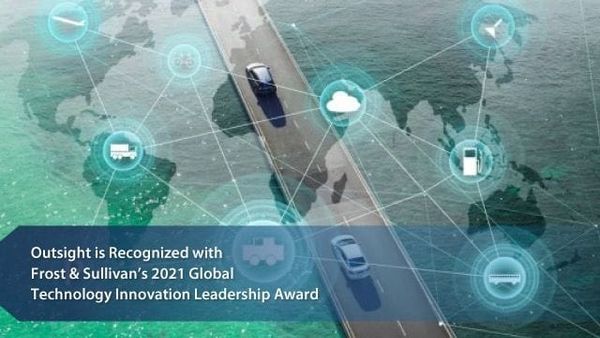 Outsight receives Frost & Sullivan’s 2021 Global Technology Innovation Leadership Award, with a visual of connected mobility and global IoT networks overlaid on a road and ocean.