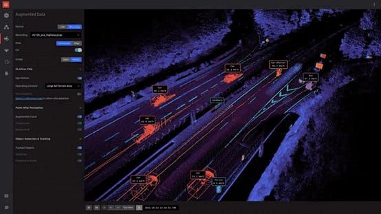 LiDAR-based road traffic visualization powered by Outsight, showcasing real-time vehicle detection and tracking on a multi-lane highway.