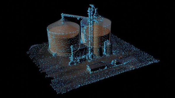 3D LiDAR point cloud scan of industrial storage tanks, showcasing Outsight’s capabilities in spatial inventory management.