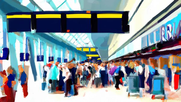 Vibrant painting of people in an airport, showcasing bustling atmosphere and diverse travelers
