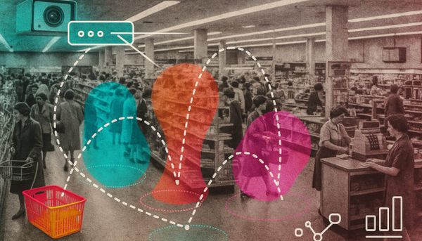 A richly layered cover image contrasting a vintage department store scene.