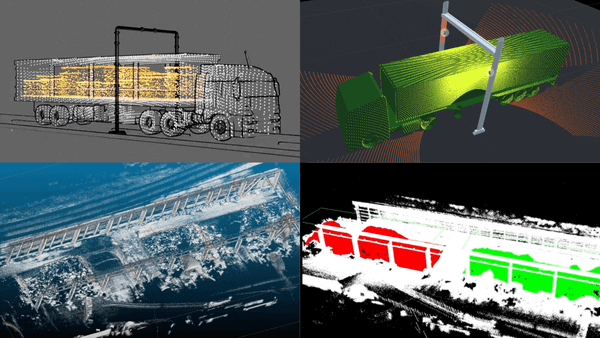LiDAR visualizations of trucks for volume measurement applications.