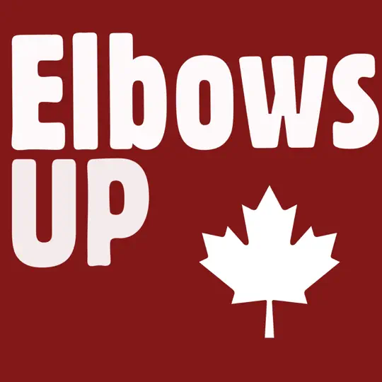 The words ELBOWS UP, a maple leaf, both in white, in a red box