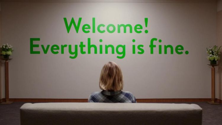 a photo from the waiting room in THE GOOD PLACE where it says "Welcome! Everything is fine."