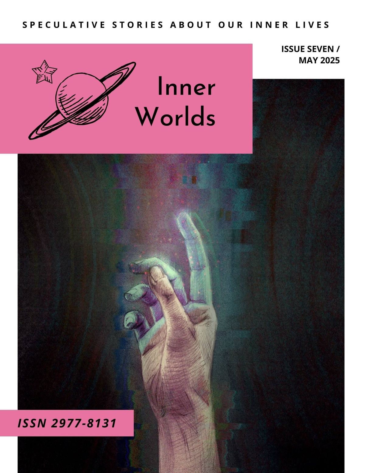 A hand reaching upwards into green light against a glitchy black background.