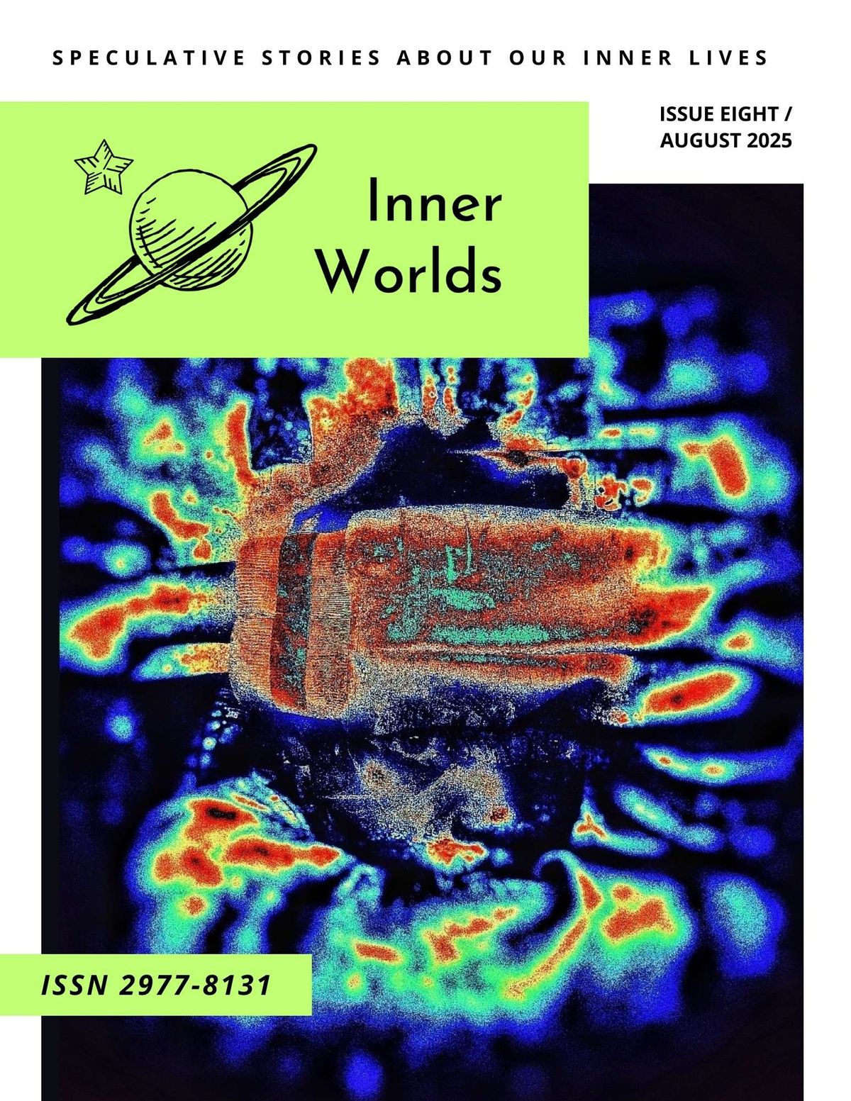 A Black person's face in dark blue with a glitchy texture, surrounded by flame like shapes like heatvision hotspots. Their gaze is intense, and seems hurt, wary, angry.