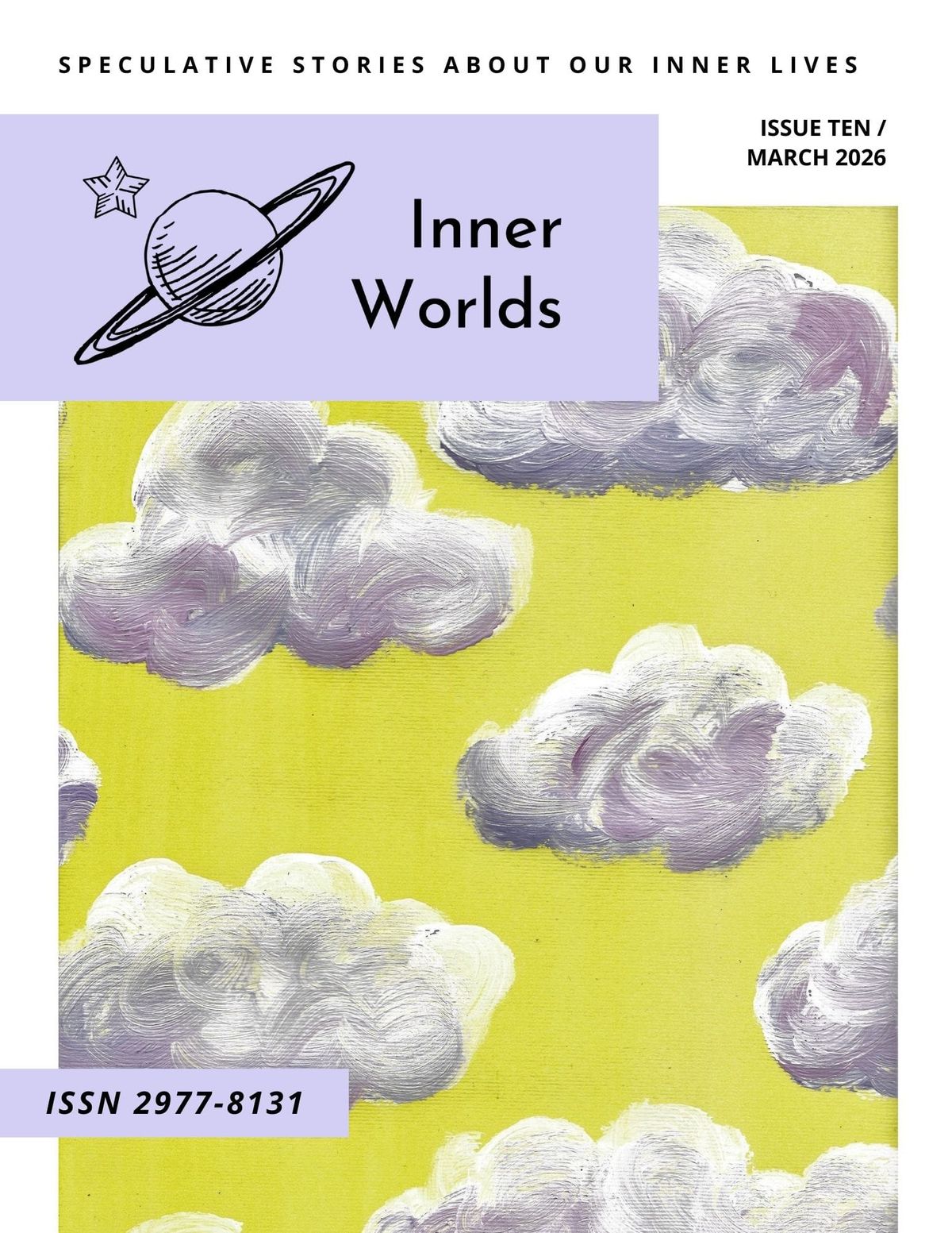 Painting of grey and white clouds on an acid yellow sky.