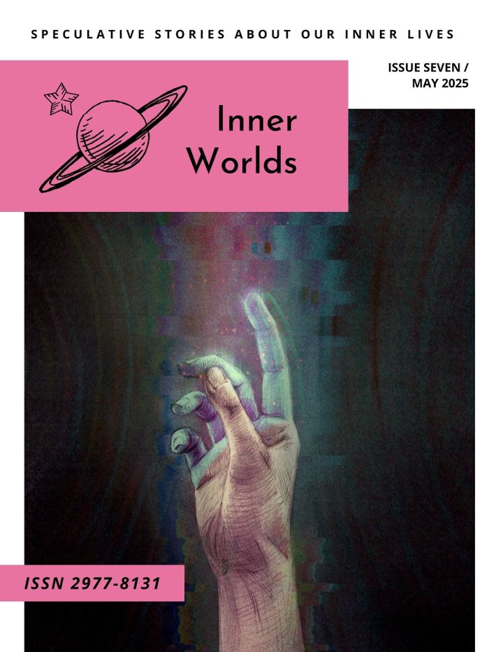 A hand reaching upwards into green light against a glitchy black background.