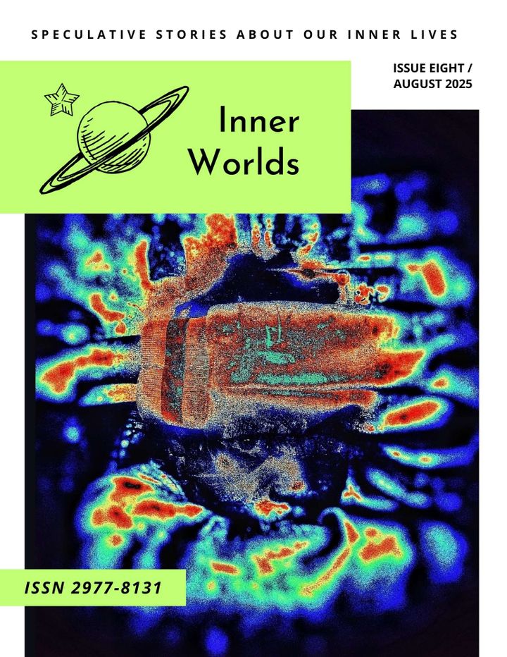 A Black person's face in dark blue with a glitchy texture, surrounded by flame like shapes like heatvision hotspots. Their gaze is intense, and seems hurt, wary, angry.