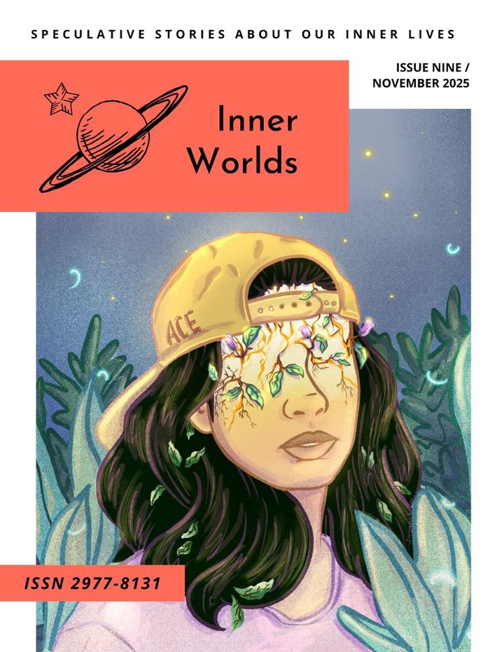 Drawing of a person with long brown hair, wearing a baseball cap that reads "ACE" and a purple t-shirt. Glowing cracks cover their forehead and eyes, and plants are emerging from the cracks.