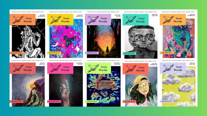 All ten colourful Inner Worlds magazine covers on a green background.