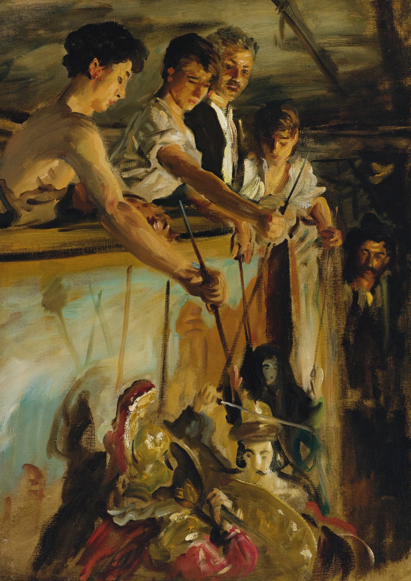 Marionettes, watercolor by John Singer Sargent showing puppeteers working figures from above a small stage