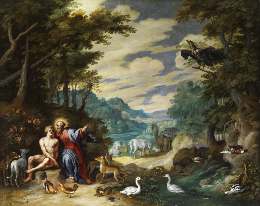 The Creation of Adam in Paradise, oil painting by Jan Brueghel the Younger showing God and Adam surrounded by animals