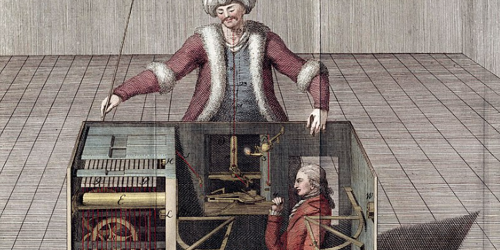 Hand-colored 1789 engraving by Joseph Racknitz of the Mechanical Turk chess automaton, a turbaned figure at a cabinet with the side panels removed to reveal clockwork, candles, a chessboard, 