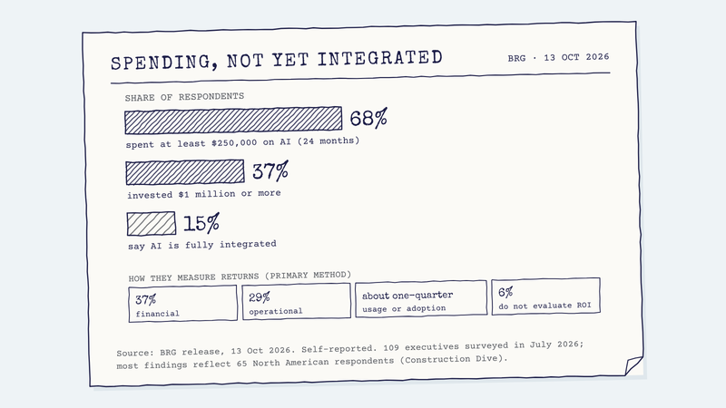 Hand-drawn chart: 68% of respondents have spent at least $250,000 on AI over 24 months and 37% $1 million or more, against 15% who say AI is fully integrated. A strip below shows how they measure returns: 37% financial metrics, 29% operational measures, about one-quarter usage or adoption, 6% not at all.