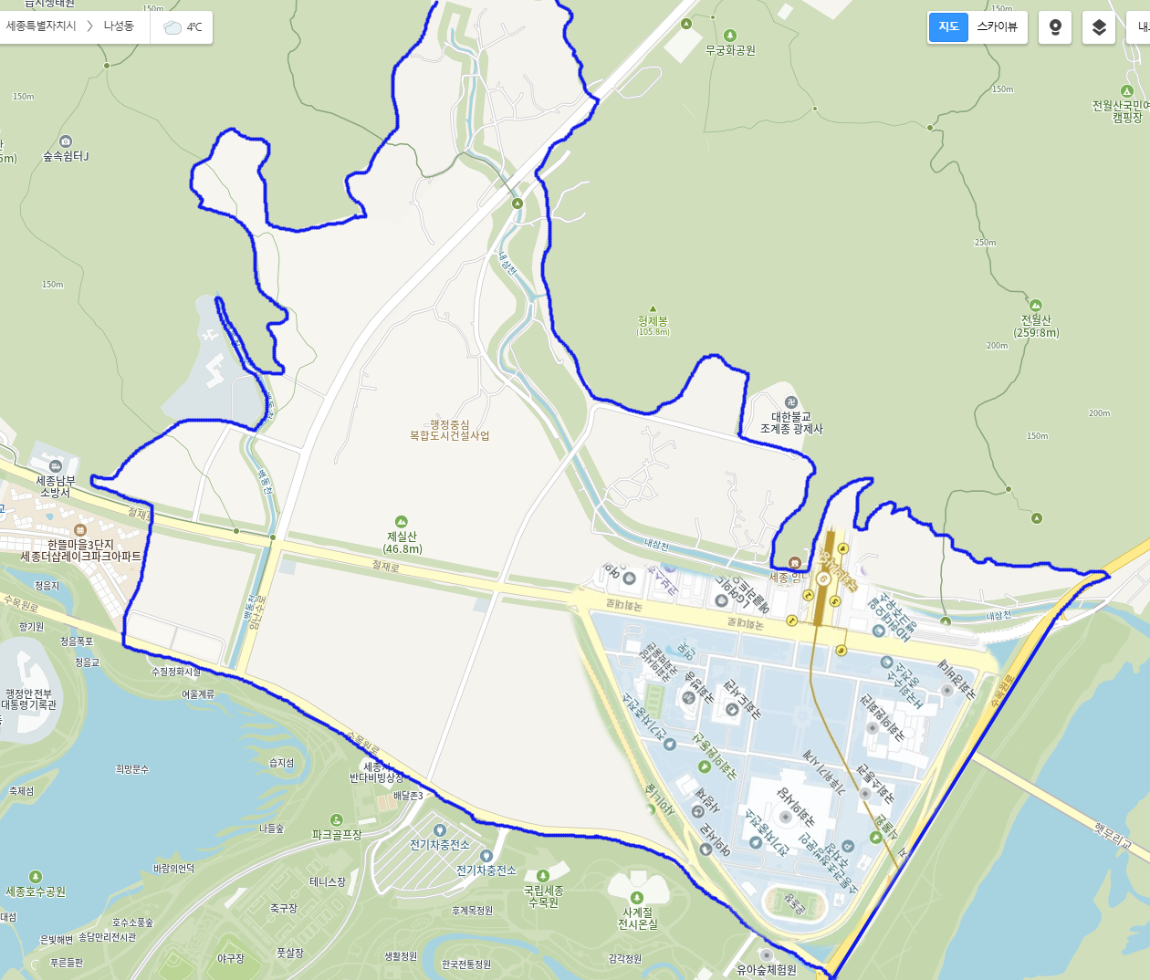 현재 여의도 국회의사당을 같은 축척으로 세종 국가상징구역에 배치했을 때 모습