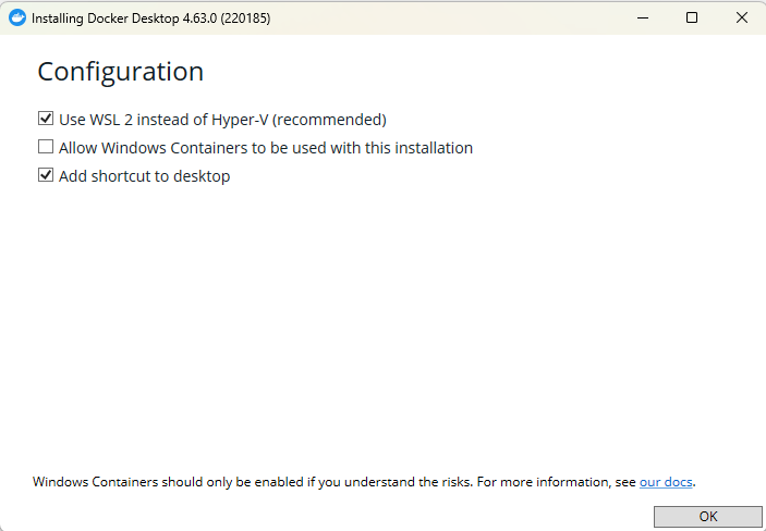 Windows용 Docker를 다운받아 설치하면, WSL 2를 사용한다는 옵션이 기본 체크되어 있다.