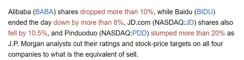 J.P , Morgan 下降四只中概股的评级