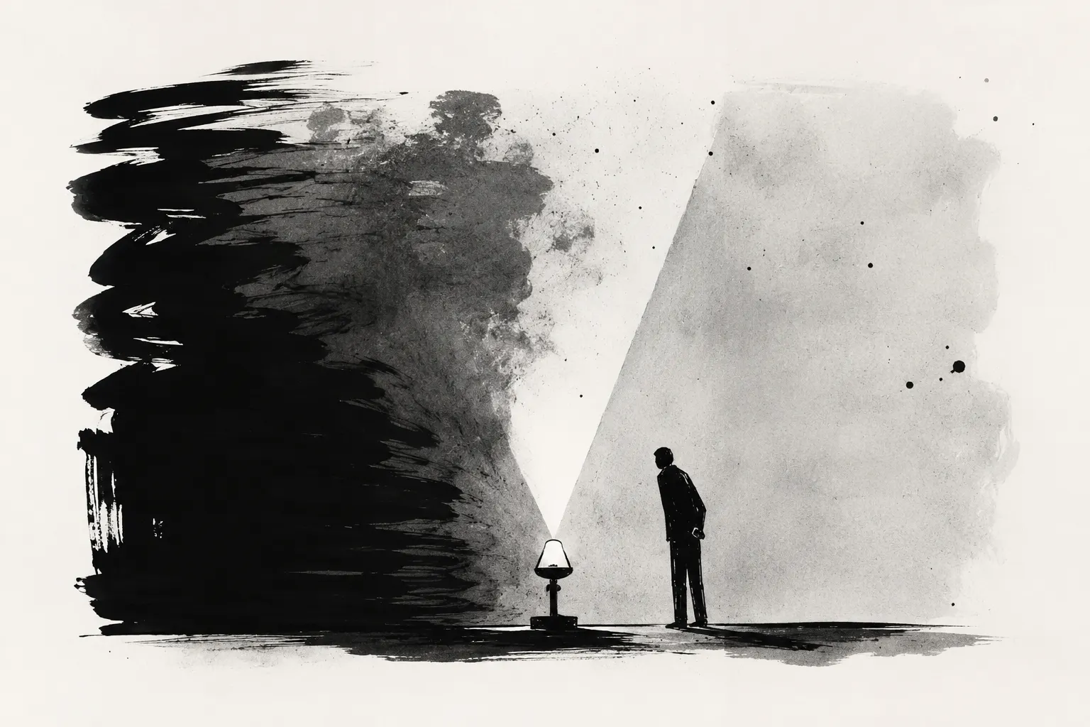 Ilustración en tinta blanco y negro de una figura de pie frente a una lámpara pequeña, rodeada por una masa oscura de trazos gestuales; un haz de luz triangular ilumina un espacio reducido.