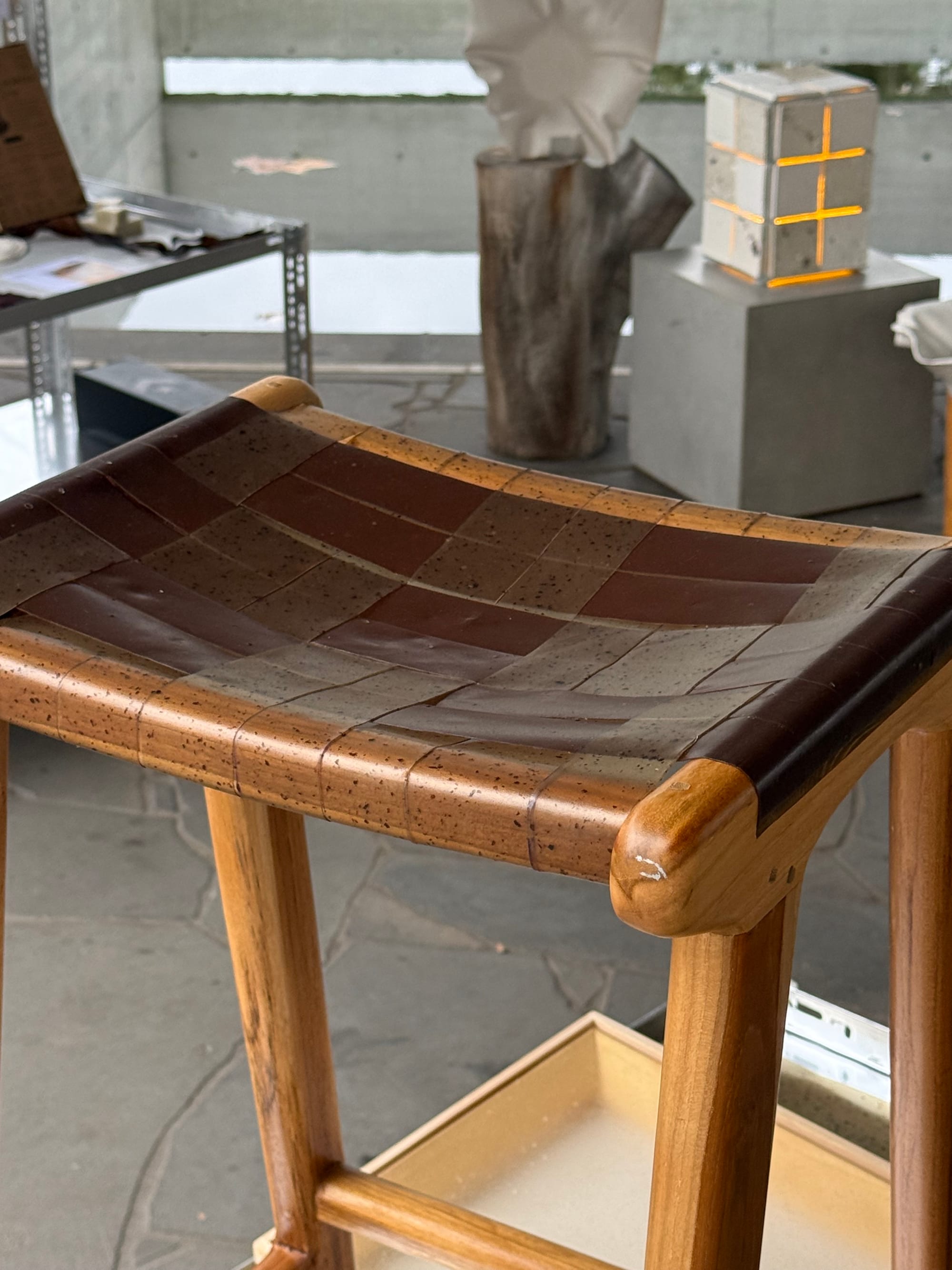 Scandinavic design, wooden chair frame with algae material seating surface.