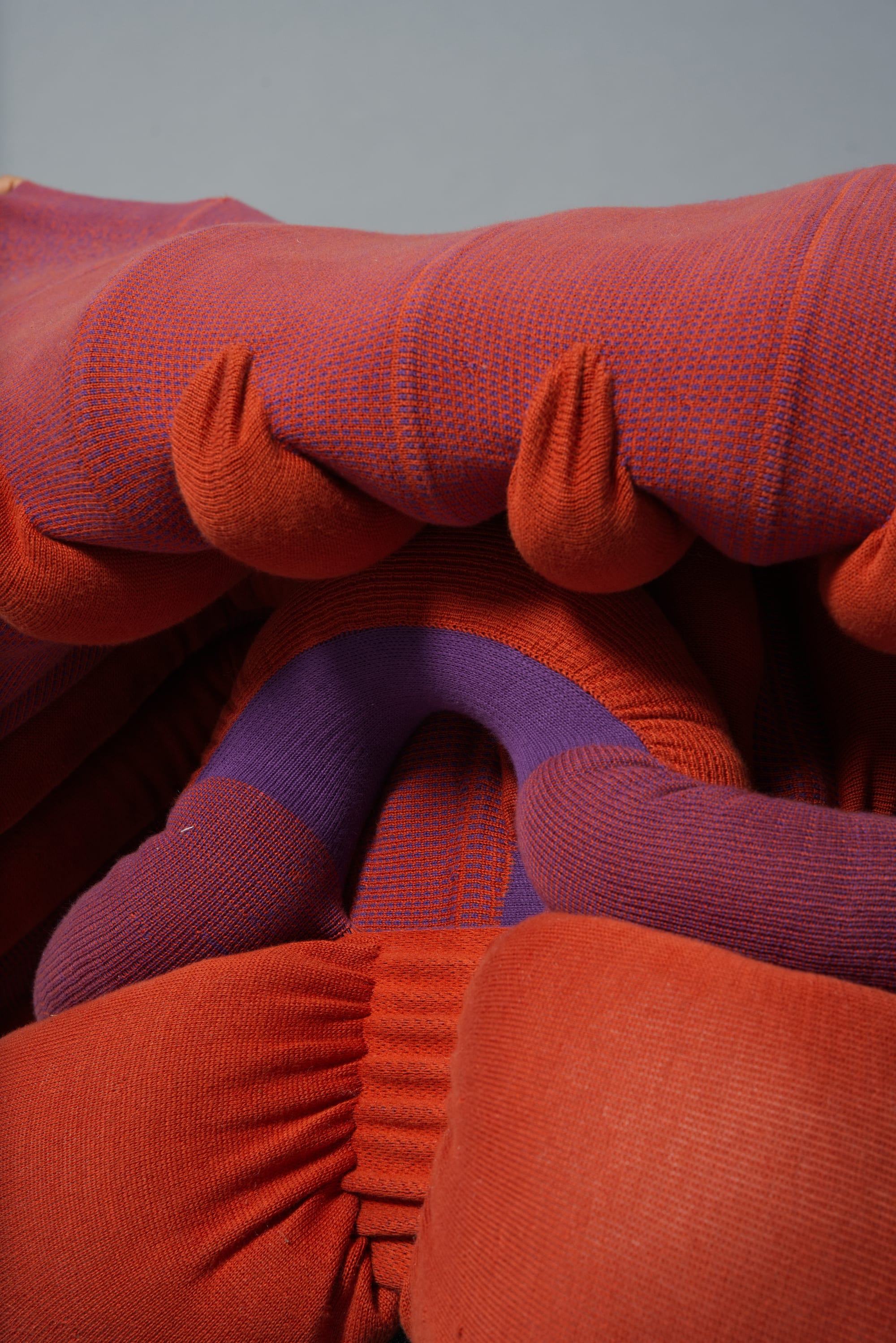 Emone by Luna Haverkorn. Photography by Kasper Heden Andersen. Detail of red and purple, nature informed, innovative furniture piece.