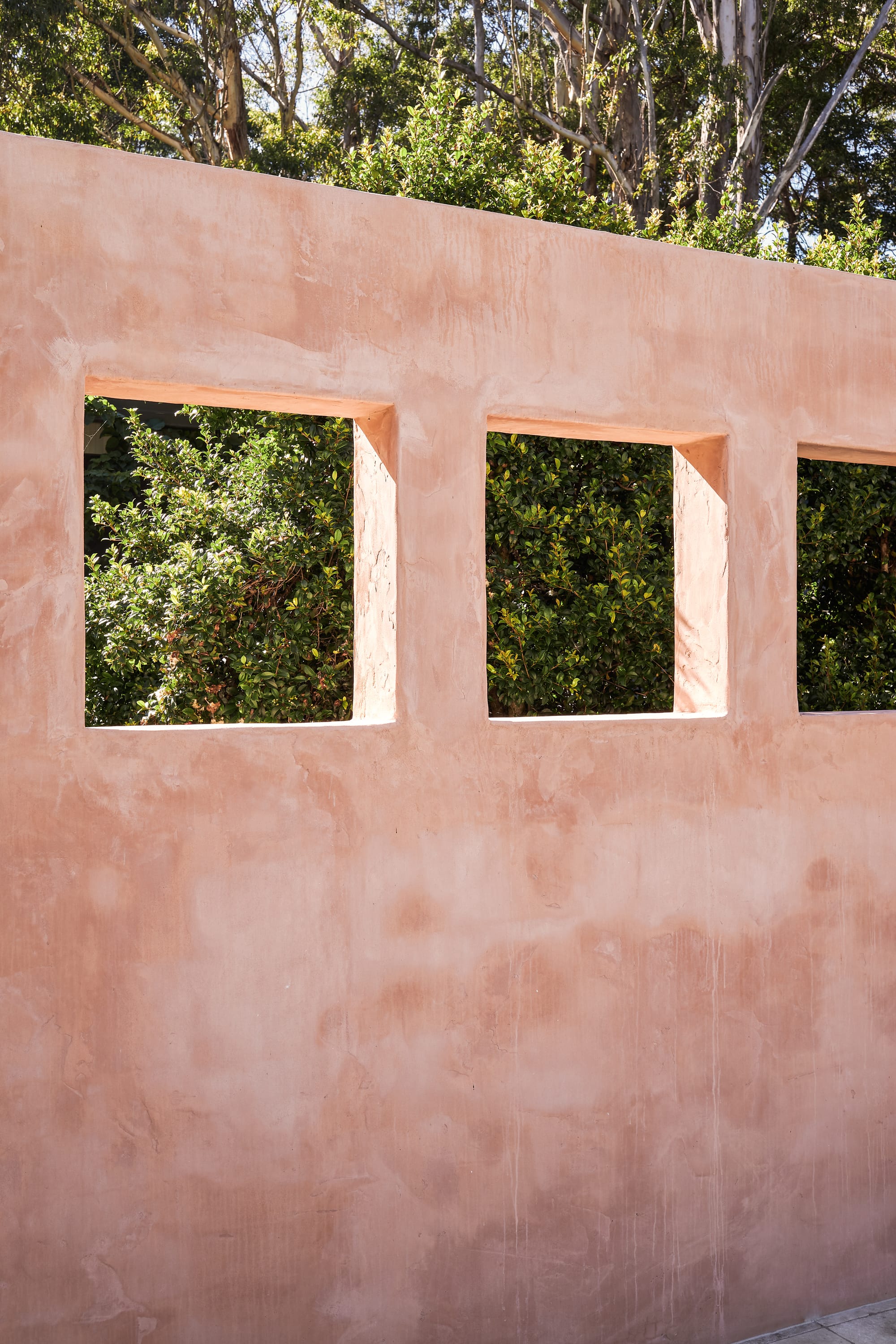 Terracotta painted wall with small, squared windows pointing to surrounding trees.