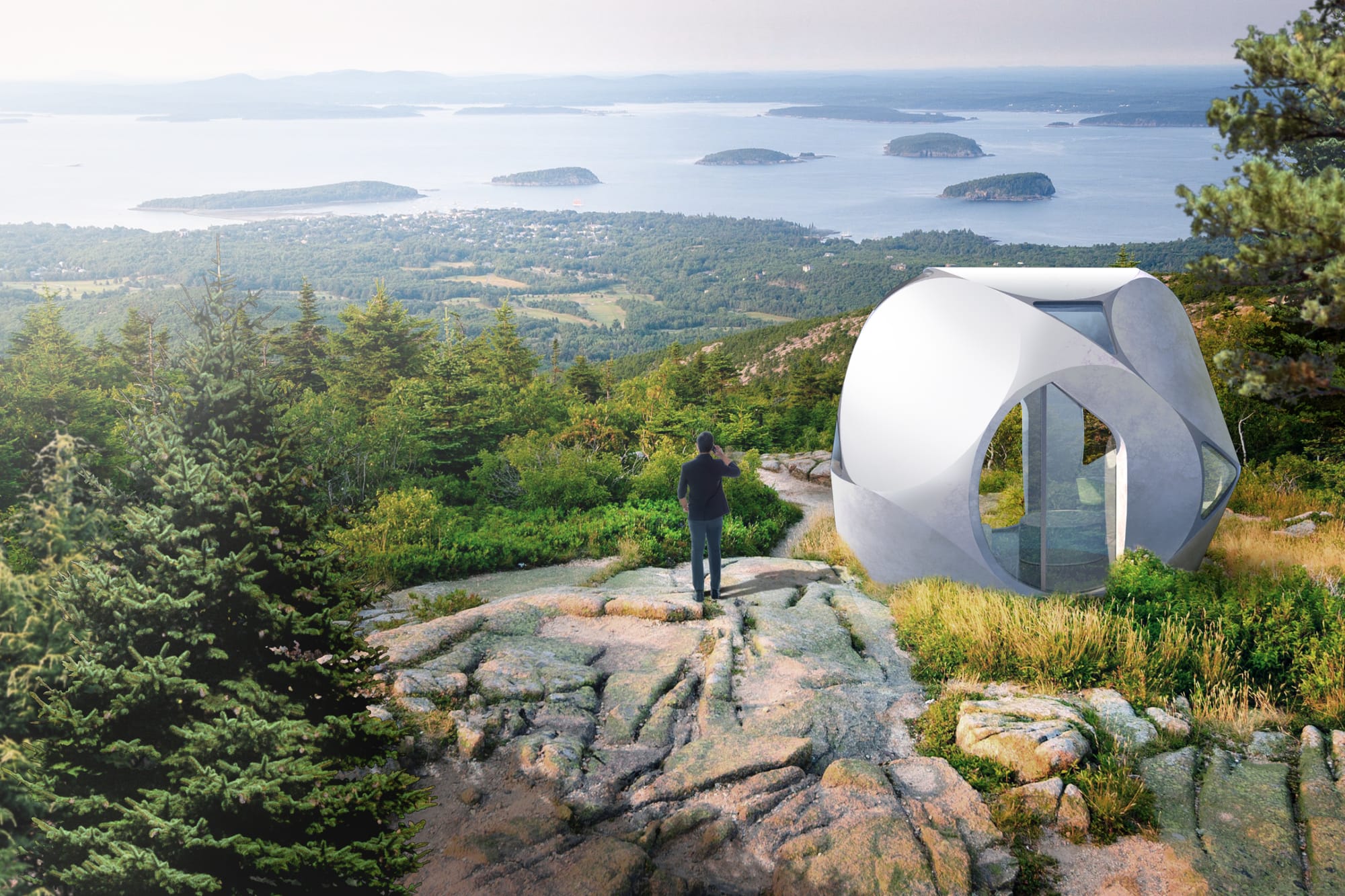3D printed capsule home on top of a mountain with view to a scenic landscape.