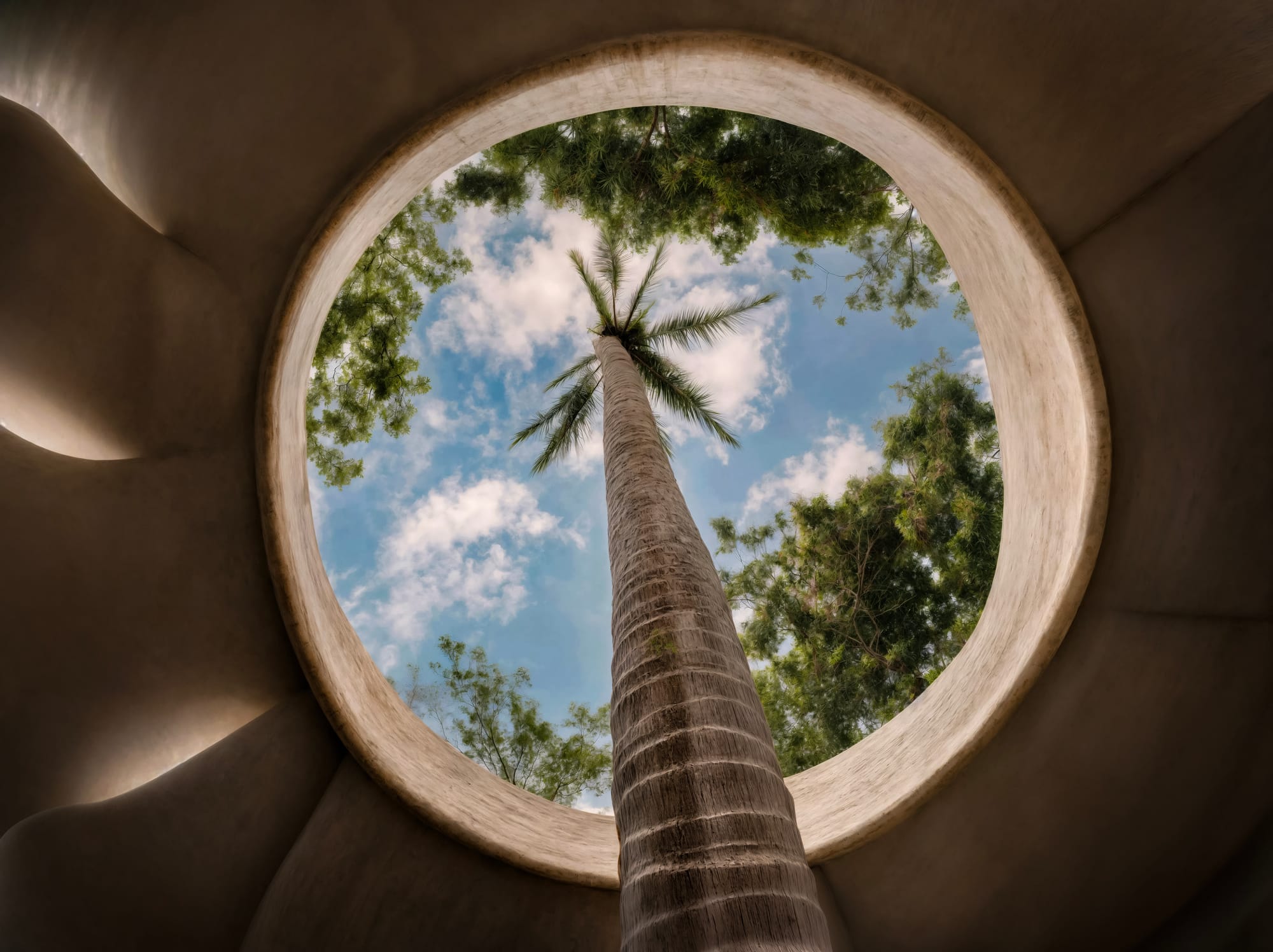 Ceiling opening with large palm tree growing through.