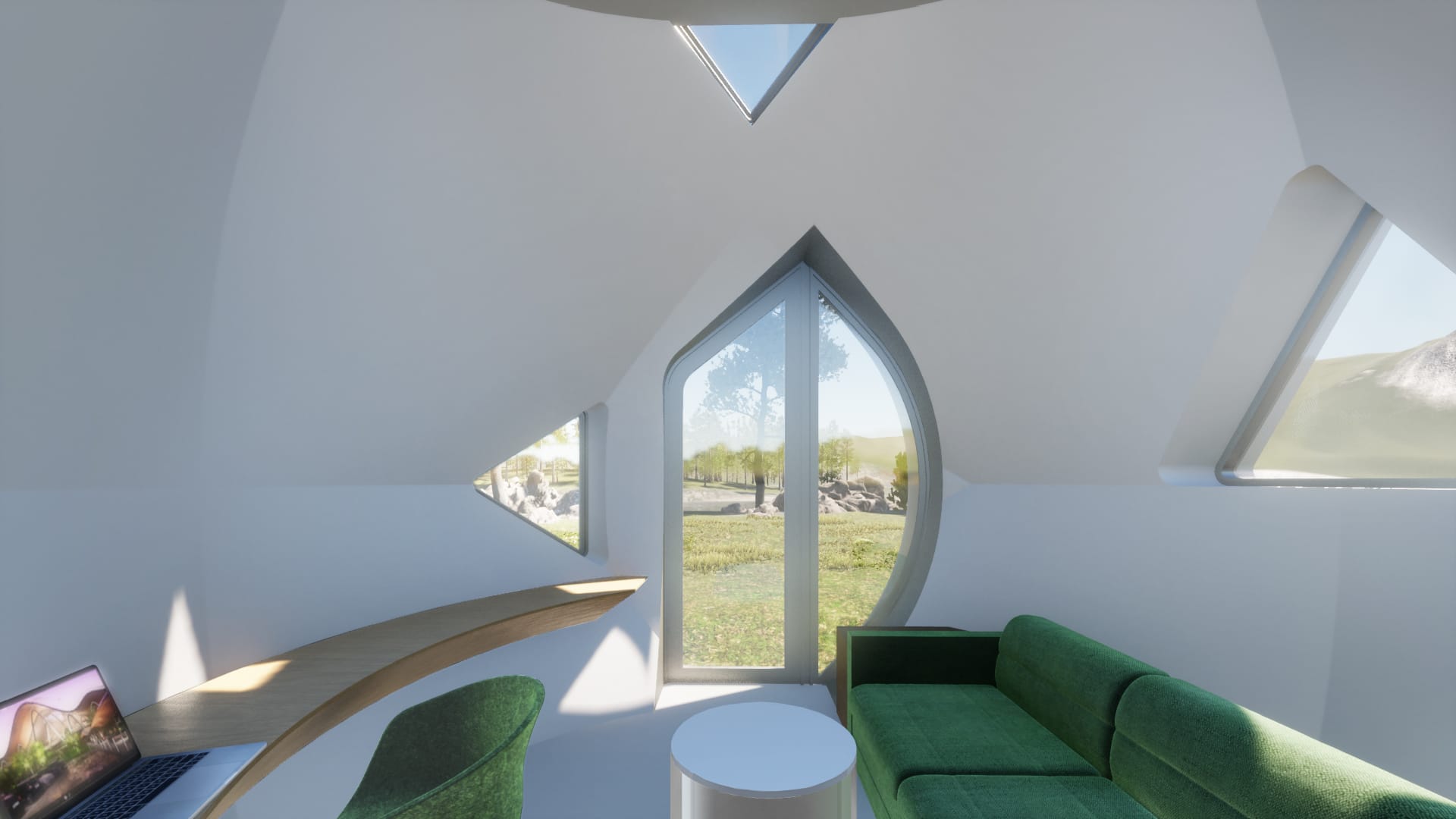 3D printed cylindric shaped, futuristic concrete home with spacious interior view.
