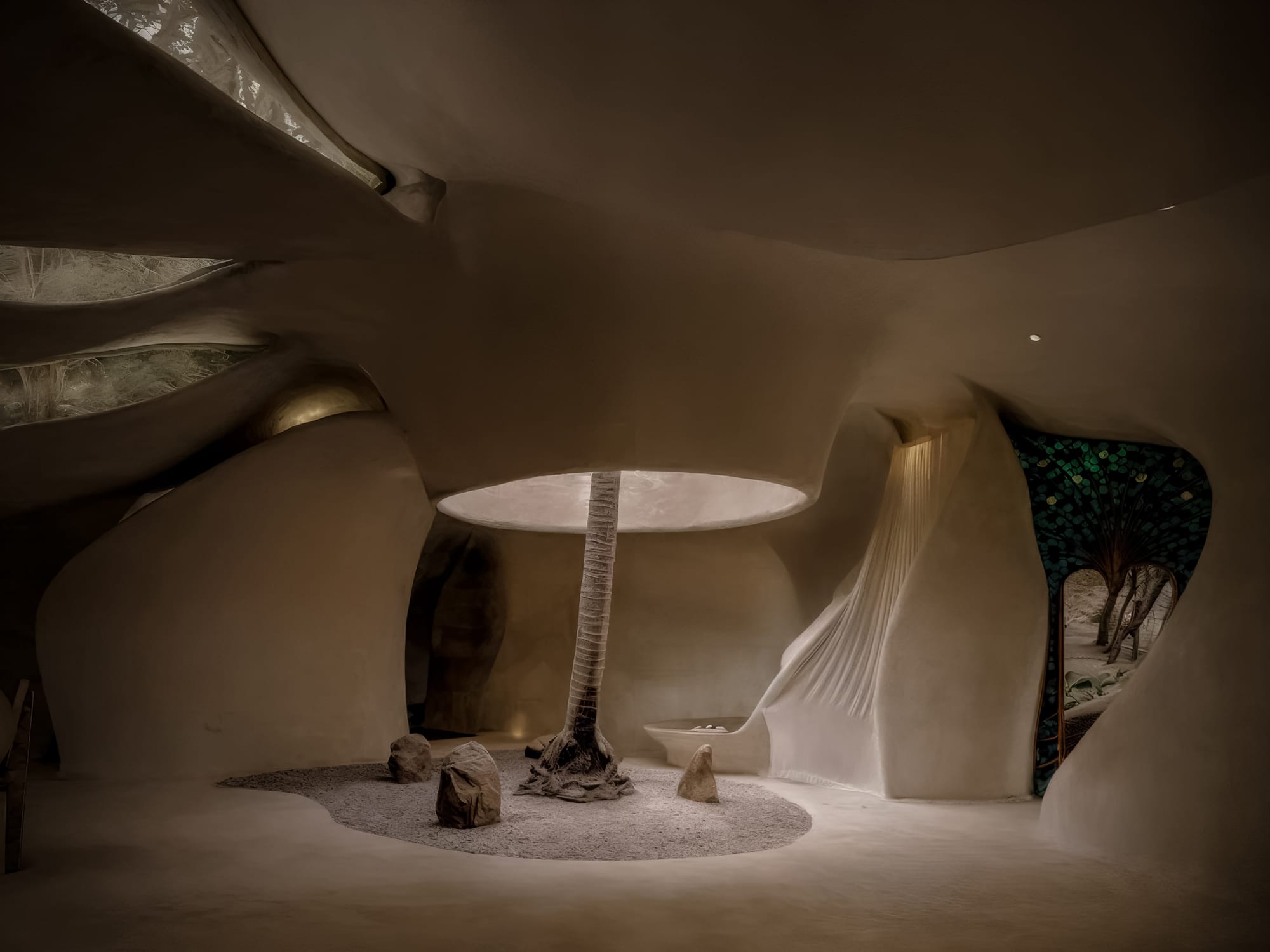 Organically shaped interior space of a holistic healing center with roof opening and palm tree growing through.