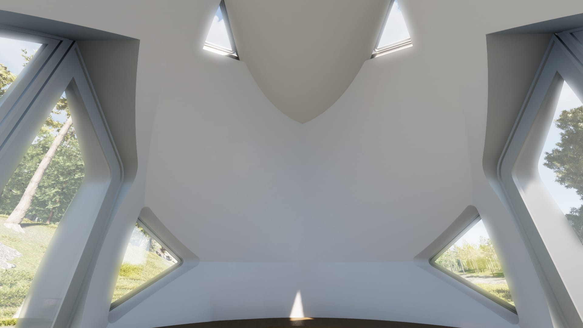 3D printed cylindric shaped, futuristic concrete home with spacious interior view.