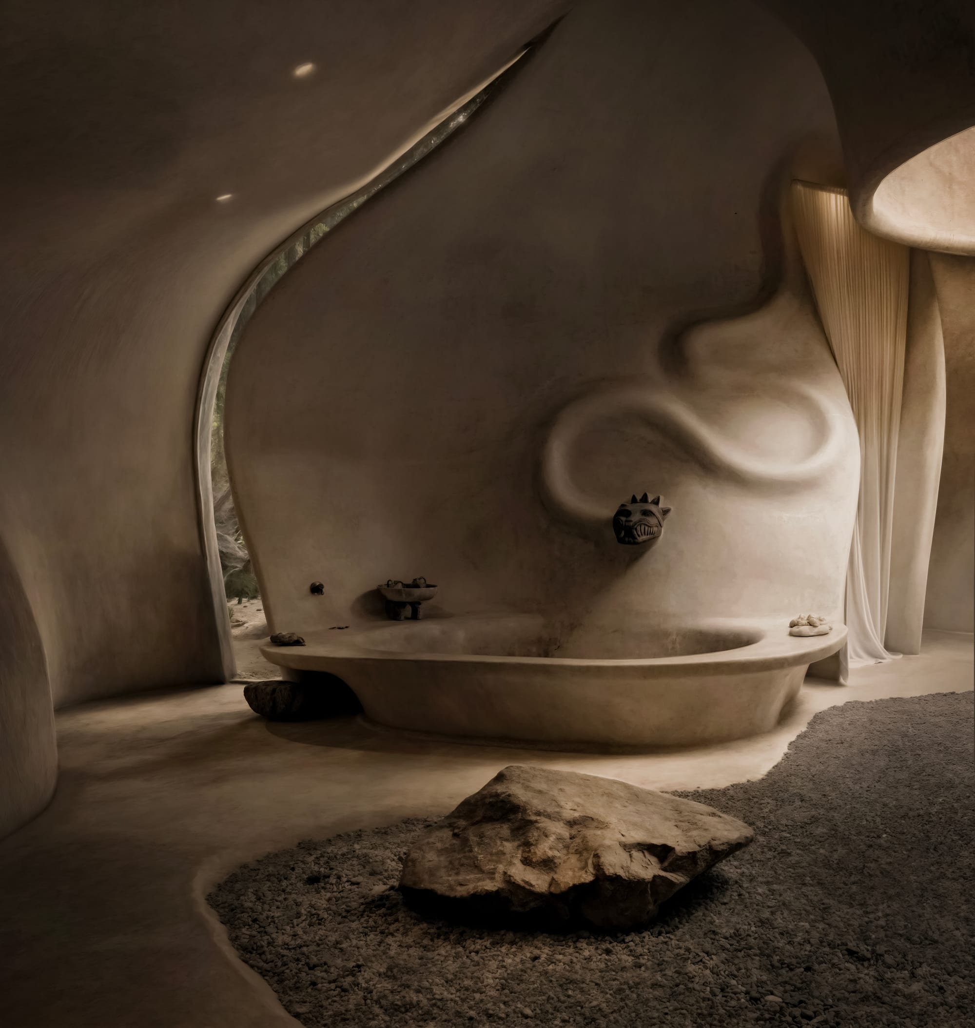 Organically shaped, seamless bathtub with beautiful natural light and snake shaped faucet.