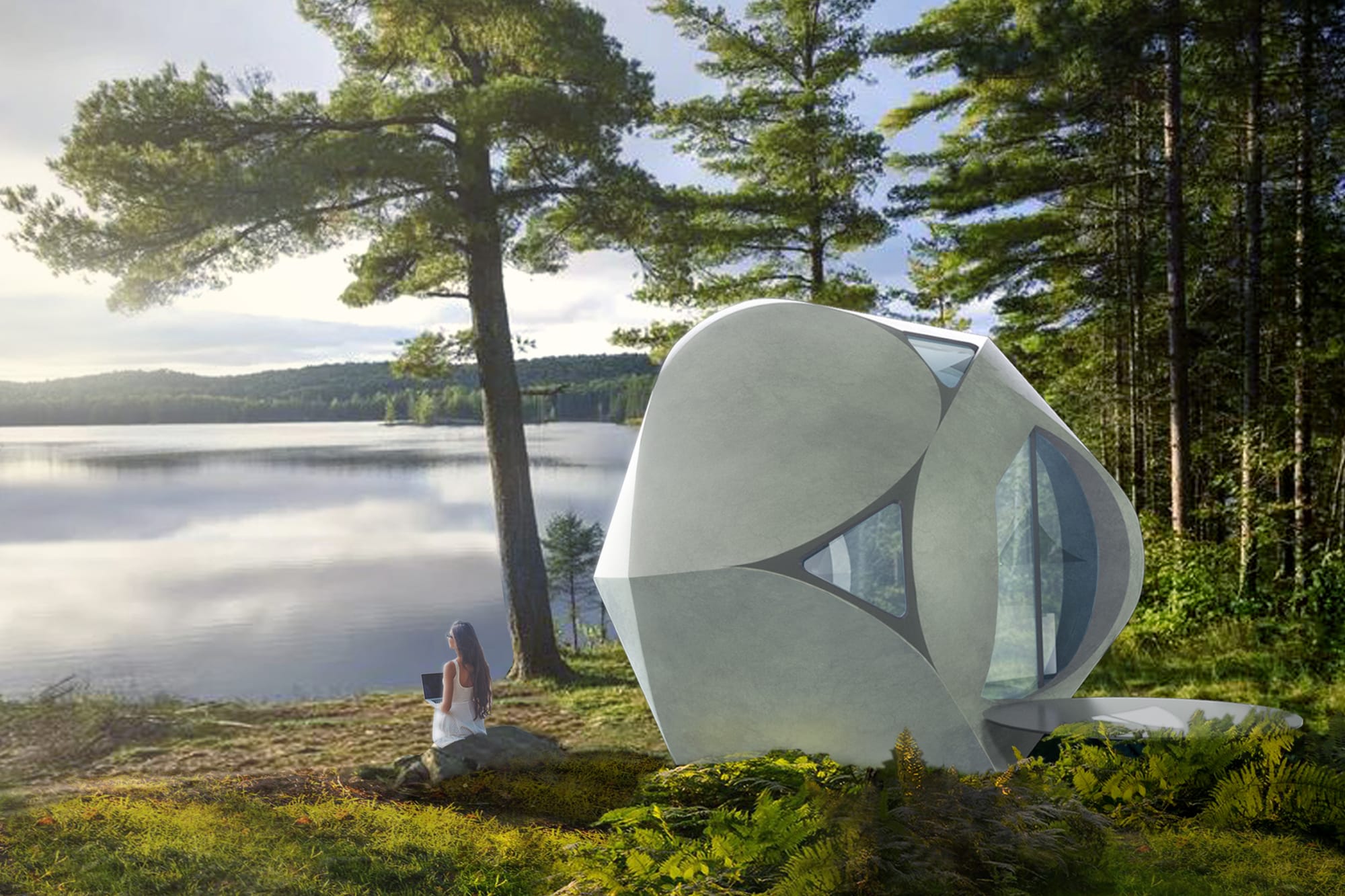 3D printed capsule home on a lake in natural environment.