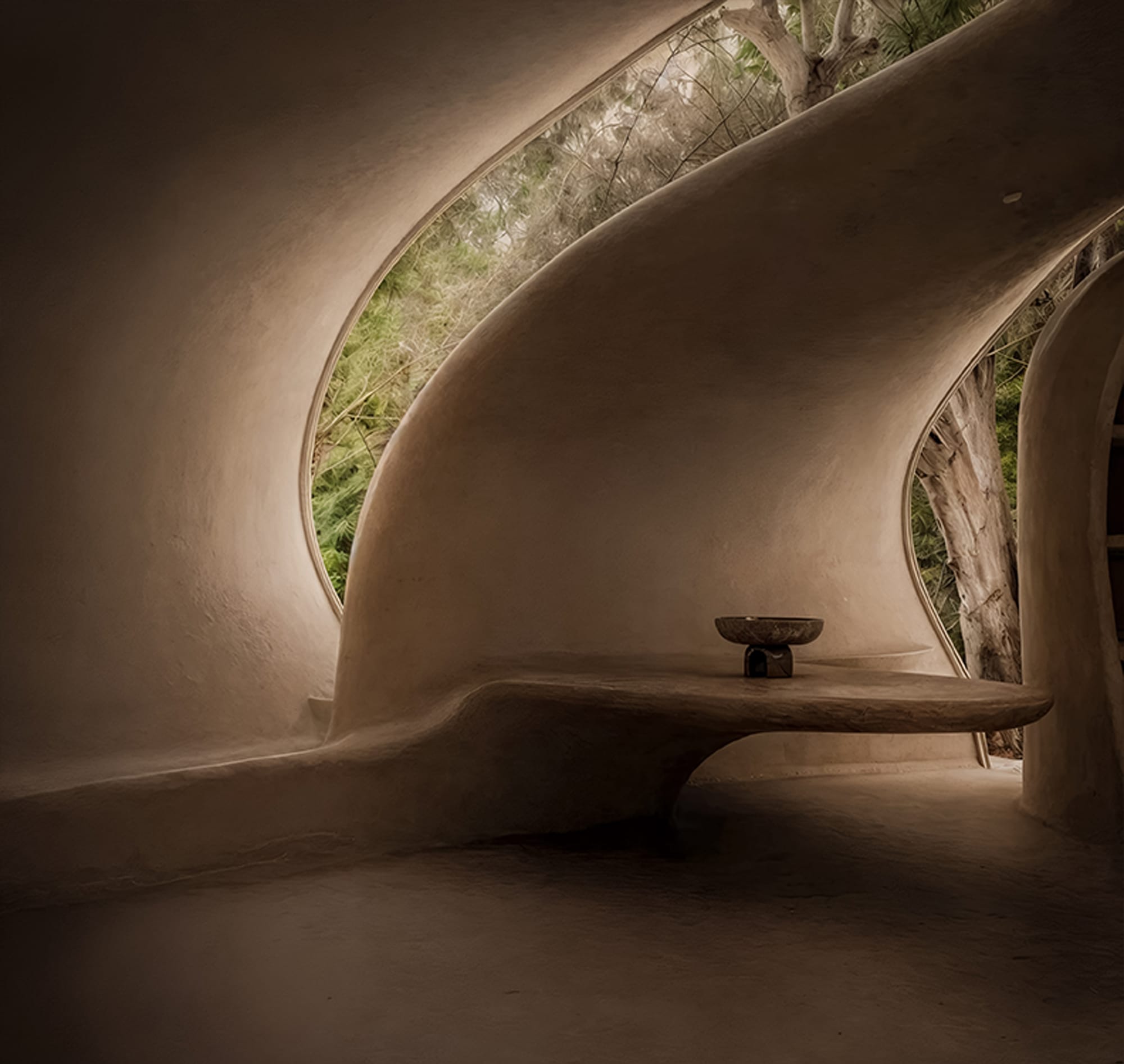 Organically shaped and sliced long windows framing surrounding lush jungle and integrated seamless table and shelf