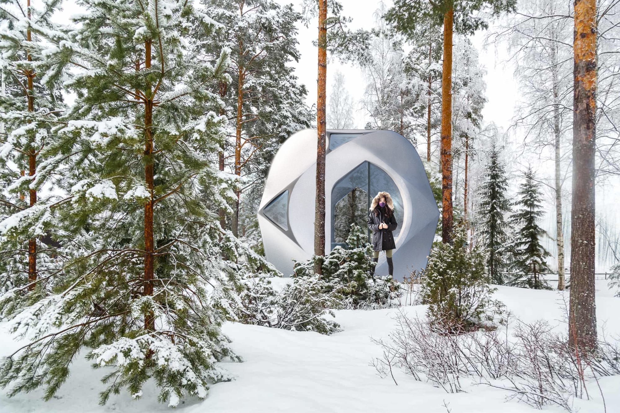 3D printed capsule home in a forest during winter, embedded in natural environment.