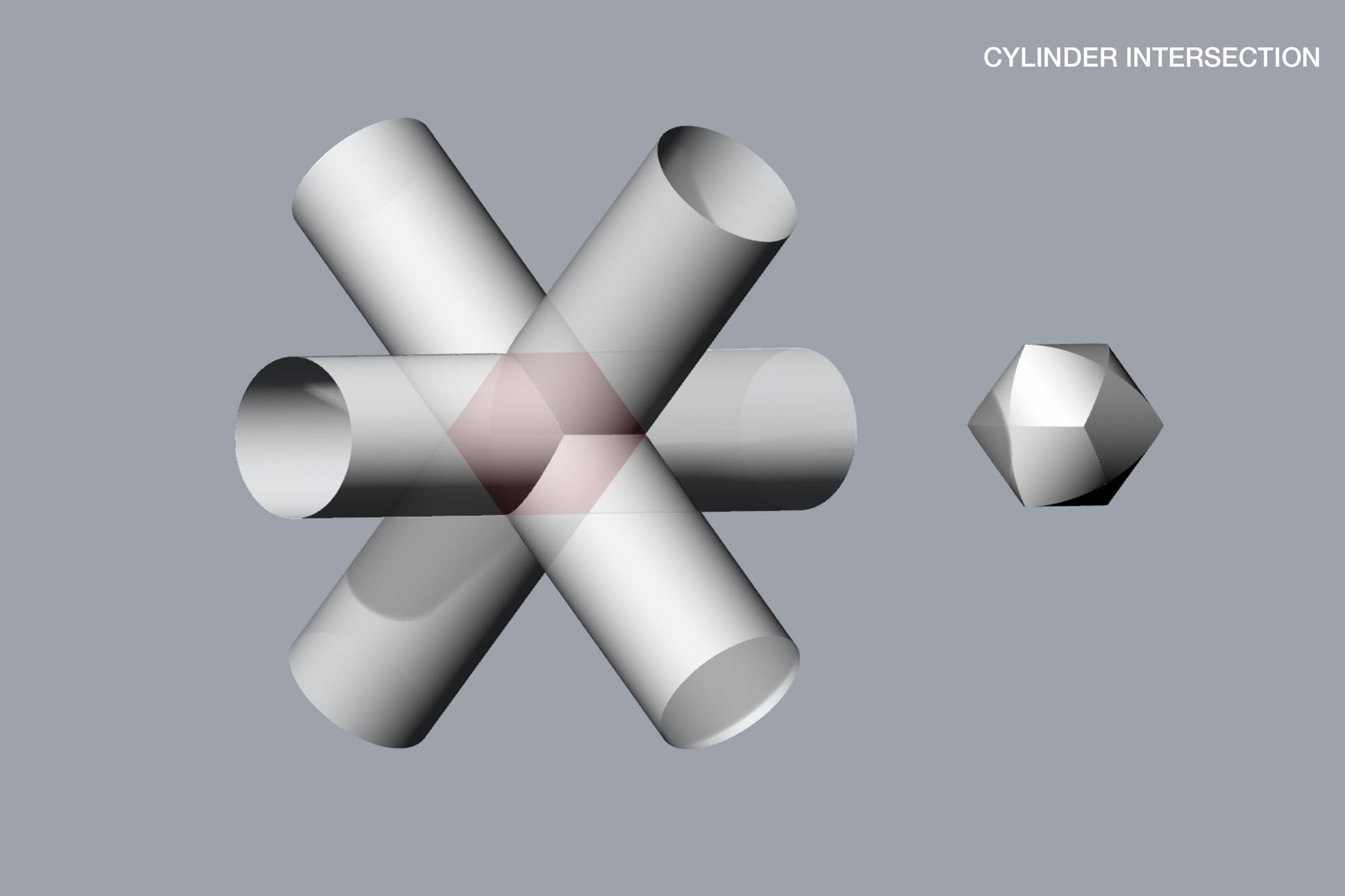 Technical drawing and visualization of cylindric intersection.