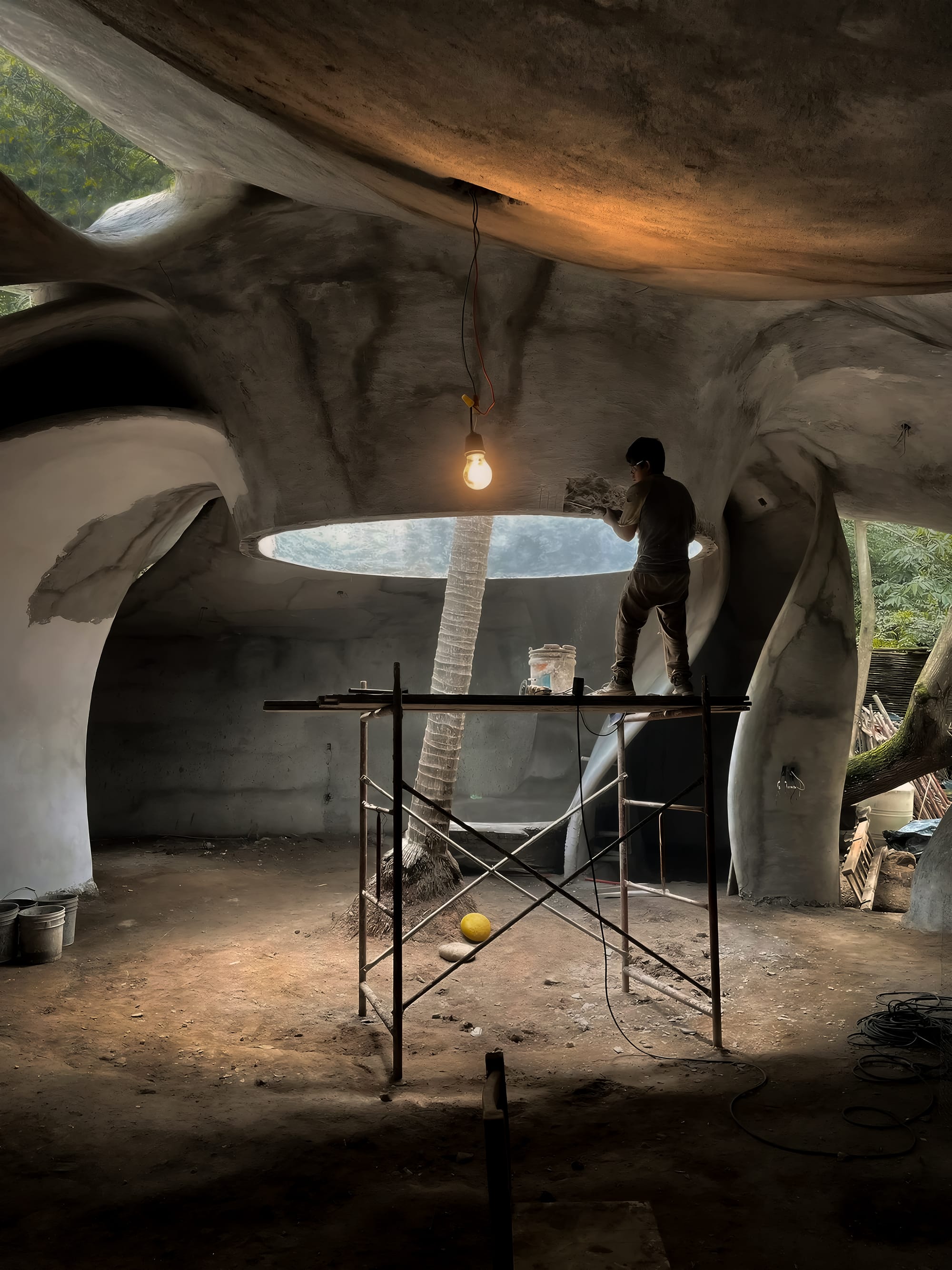Construction of monolithic, holistic healing center in donut shape.