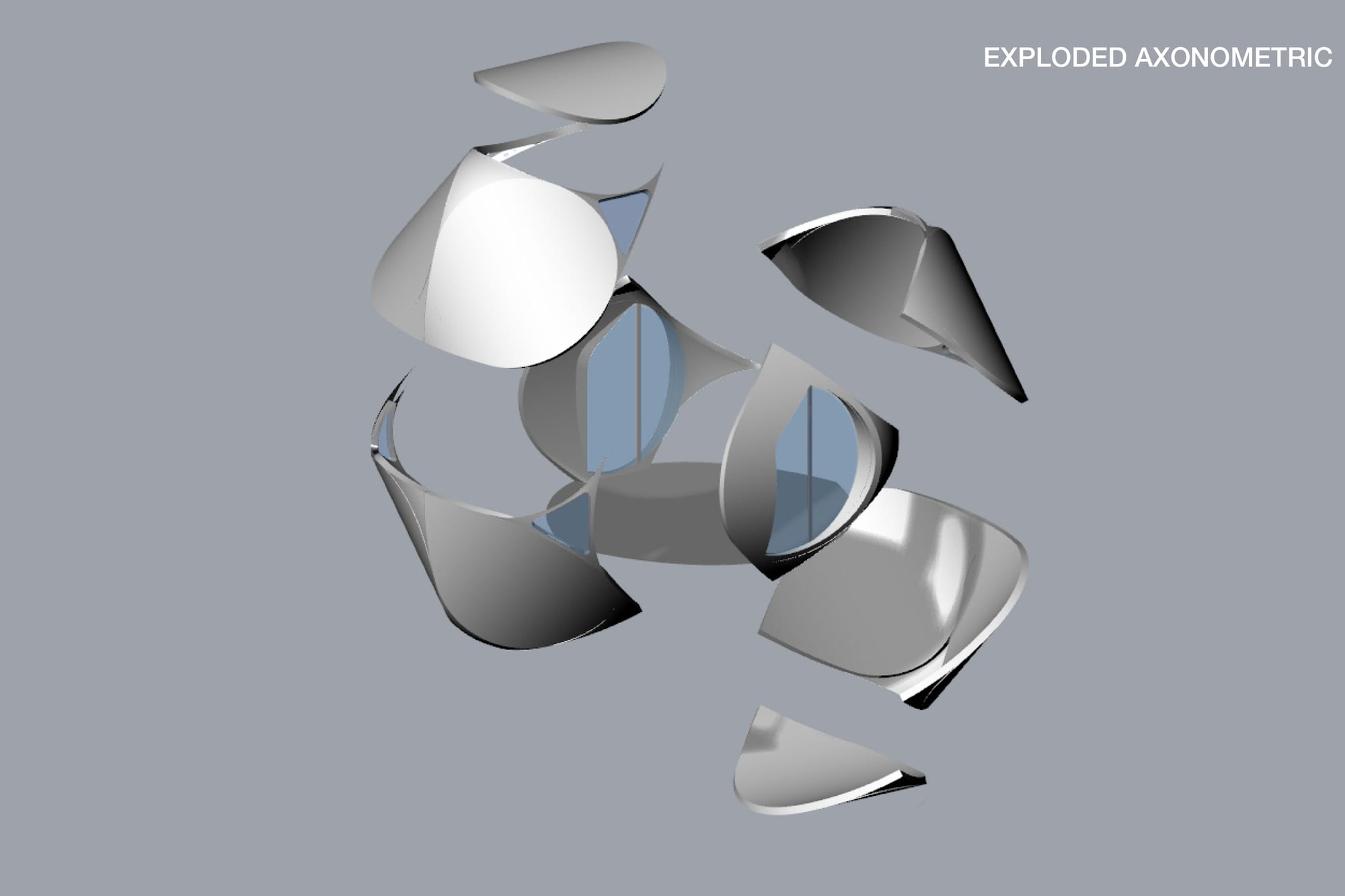 Explosive axonometric, technical drawing and visualization of cylindric modern capsule home.