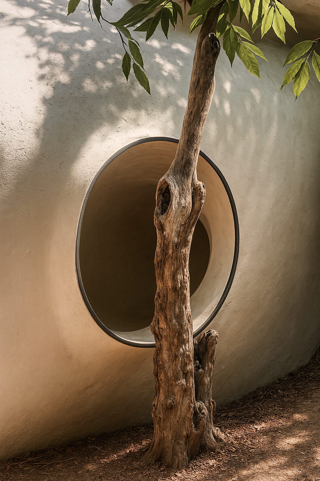 View on round shaped window with small tree in front.