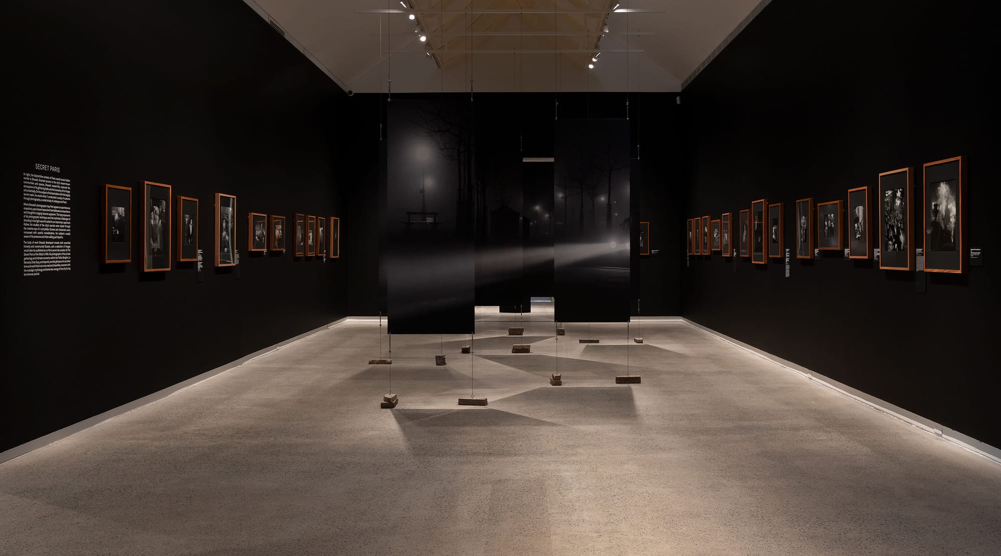 Black gallery space showcasing photography and enlarged sectioned canvas in center.